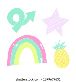 Cute kiddish hand drawn set, arrow, rainbow, star and pineapple. Hand drawn vector illustration on isolated background.
