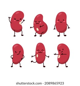 Cute kidney beans with face and different emotions, cartoon flat vector illustration isolated on white background. Set of funny adzuki beans dancing. Healthy food concept.