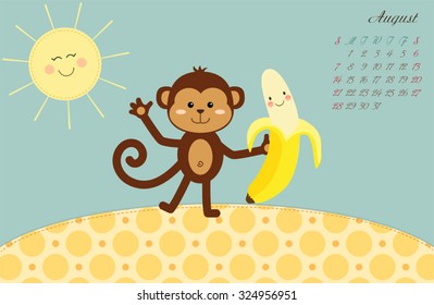 Cute kids 2016 calendar pages with adventures of little monkey - symbol of the year. August.