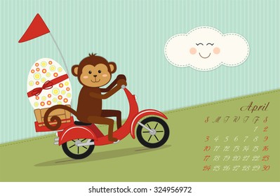 Cute kids 2016 calendar pages with adventures of little monkey - symbol of the year. April.