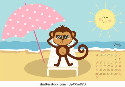Cute kids 2016 calendar pages with adventures of little monkey - symbol of the year. July.