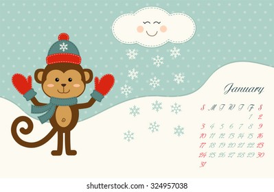 Cute kids 2016 calendar pages with adventures of little monkey - symbol of the year. January.