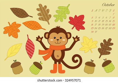 Cute kids 2016 calendar pages with adventures of little monkey - symbol of the year. October.