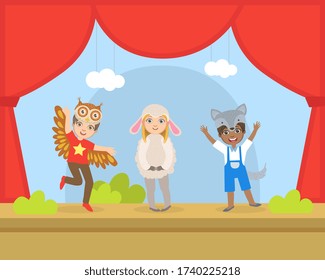 Cute Kids Actors Performing on Stage, Talented Children in Animals Costumes Showing their Artistic Talents Vector Illustration