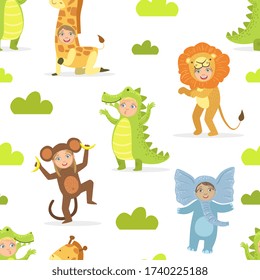 Cute Kids in African Animals Costumes Seamless Pattern, Birthday Party, Masquerade Design Element Vector illustration