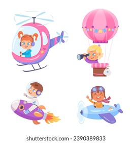 Cute niños transporte aéreo conjunto ilustración vectorial. Caricatura que conduce a niños aislados de fondo blanco. Niños y niñas yendo en avión, helicóptero, cohete, aerostático. Transporte aéreo.