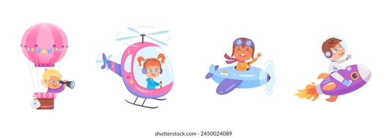 Cute kids air transport set vector illustration. Cartoon driving children isolated on white background. Boys and girls going by plane, helicopter, rocket, aerostat. Aero transportation, travel time.