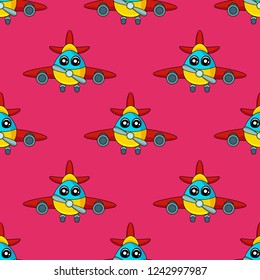 Cute kids aircraft pattern for girls and boys. Colorful aircraft on the abstract bright background create a fun cartoon drawing with cute eyes. The aircraft pattern is made in neon colors.