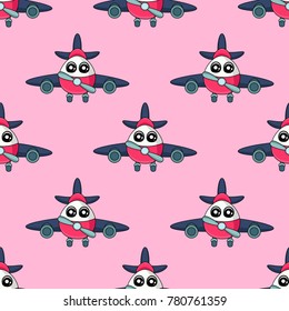 Cute kids aircraft pattern for girls and boys. Colorful aircraft on the abstract bright background create a fun cartoon drawing with cute eyes. The aircraft pattern is made in neon colors.