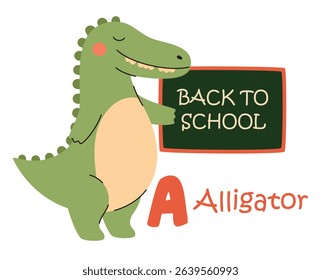 Cute kids alphabet. Alligator and letter A. Animals and alphabet letters. Flat vector illustration.