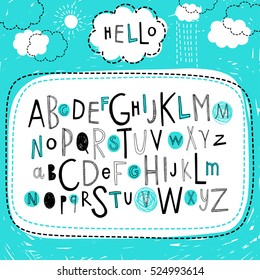 Cute kids alphabet design. Hand drawn doodle abc. Set of varied letters. Vector.
