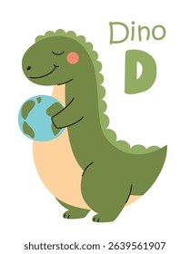 Cute kids alphabet. Dino and letter D. Animals and alphabet letters. Flat vector illustration.