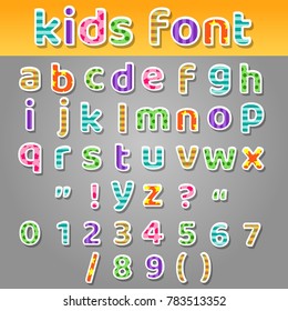 Cute kids alphabet. Fun and colorful patchwork patterns school book letters font vector illustration