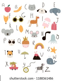 Cute kids alphabet with hand drawn animals and other elements. Vector illustration.