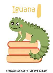 Cute kids alphabet. Iguana and letter I. Animals and letters of the alphabet. Flat vector illustration.