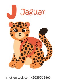 Cute kids alphabet. Jaguar and letter J. Animals and alphabet letters. Flat vector illustration.