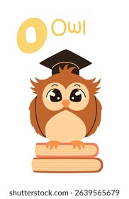 Cute kids alphabet. Owl and letter O. Animals and alphabet letters. Flat vector illustration.