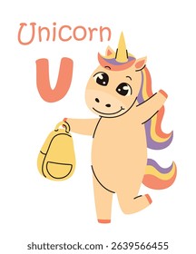 Cute kids alphabet. Unicorn and letter U. Animals and alphabet letters. Flat vector illustration.