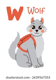 Cute kids alphabet. Wolf and letter W. Animals and alphabet letters. Flat vector illustration.