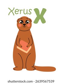 Cute kids alphabet. Xerus and letter X. Animals and letters of the alphabet. Flat vector illustration.