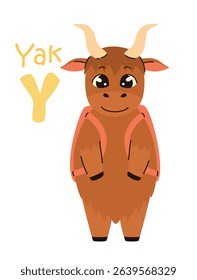 Cute kids alphabet. Yak and letter Y. Animals and alphabet letters. Flat vector illustration.