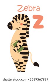 Cute kids alphabet. Zebra and letter Z. Animals and alphabet letters. Flat vector illustration.