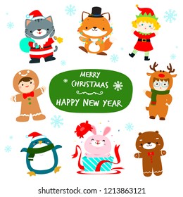 Cute kids and animal in Christmas character design vector illustration.