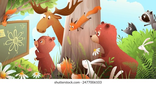 Cute kids animals in forest school lesson under big tree, bear at blackboard. Bear, moose, squirrel, fox and bunnies studying math. Vector cartoon for children preschool, elementary education.