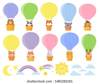 cute kids animals in hot air balloons. Different elements for design. Deer, rabbit, fox, cat, koala, panda, lion, tiger, bear, monkey. Vector illustration