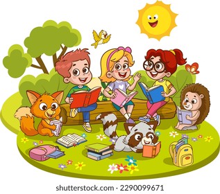 cute kids and animals reading together under the tree cartoon vector