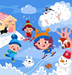 Cute Kids And Animals In Winter. Characters In Cartoon Style. Children Skiing, Skating, Vector Illustration.