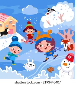 Cute kids and animals in winter. Characters in cartoon style. Children skiing, skating, vector illustration.