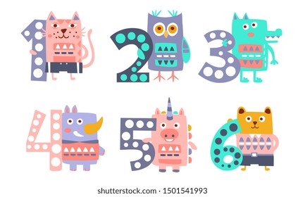 Cute Kids Anniversary Numbers with Animals. Cat, Owlet, Crocodile, Rhino, Unicorn, Bear. Vector Illustration.
