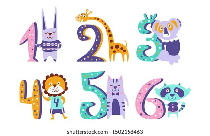 Cute Kids Anniversary Numbers with Animals, Rabbit, Giraffe, Koala, Lion, Cat, Raccoon Vector Illustration