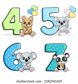Cute kids anniversary numbers with animals. decor cartoon vector illustration.
