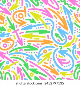 Cute kids arrows vector seamless pattern. Hand drawn doodle wavy and curve pointer elements bright highlighters colors. Funny repeatable abstract background.