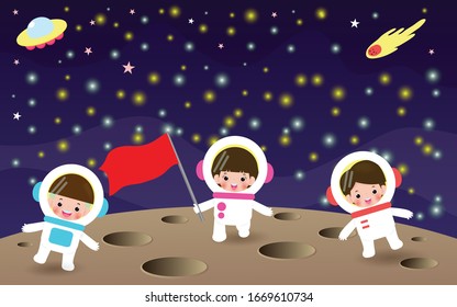 Cute Kids Astronaut cartoon characters on the moon of Space Vector Illustration Design 