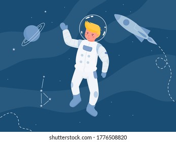 cute kids astronaut floating on the space with rocket and planet, vector character
