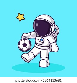 Cute Kids Astronaut Playing Soccer Football Design. Flat Cartoon Style., Isolated Premium Vector File