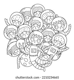 Cute kids astronauts circle shape pattern for coloring book. Space characters in spacesuits coloring page. Doodle style print for kids and adults. Vector illustration