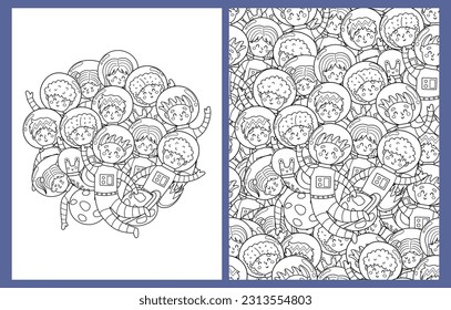 Cute kids astronauts coloring pages set in US Letter format. Black and white space characters background. Cosmic templates for coloring book. Vector illustration