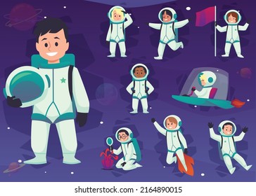 Cute kids astronauts, rocket and planets set of flat vector illustration isolated on white background. Bundle of children characters in space suits piloting spaceships.