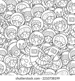 Cute kids astronauts seamless pattern. Space characters in spacesuits coloring page. Doodle black and white background. Vector illustration