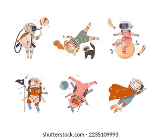 Cute kids astronauts in space suits floating in outer space set vector illustration