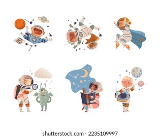 Cute kids astronauts in space suits floating in outer space set. Boys and girls dreaming about future profession vector illustration