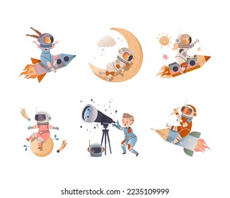 Cute kids astronauts in space suits in outer space set. Children dreaming about future profession vector illustration