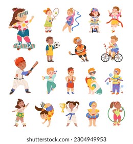 Cute Kids Athlete Engaged in Different Sport Activity Big Vector Illustration Set