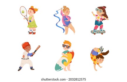 Cute Kids Athlete Playing Tennis, Skateboarding and Surfing Vector Illustration Set