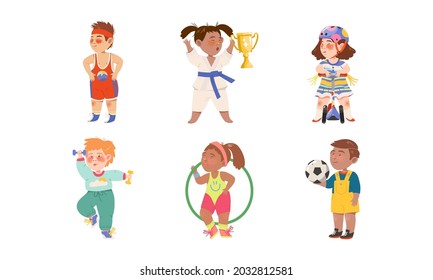 Cute Kids Athlete Riding Scooter, Playing Football and Doing Karate Vector Illustration Set
