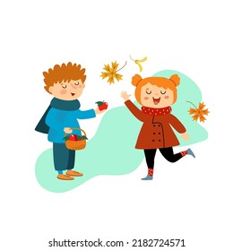 Cute kids in autumn. Happy boy holding basket with apple, funny girl in coat playing with maple leaves. Cartoon children in fall, hand drawn vector illustration. Flat design